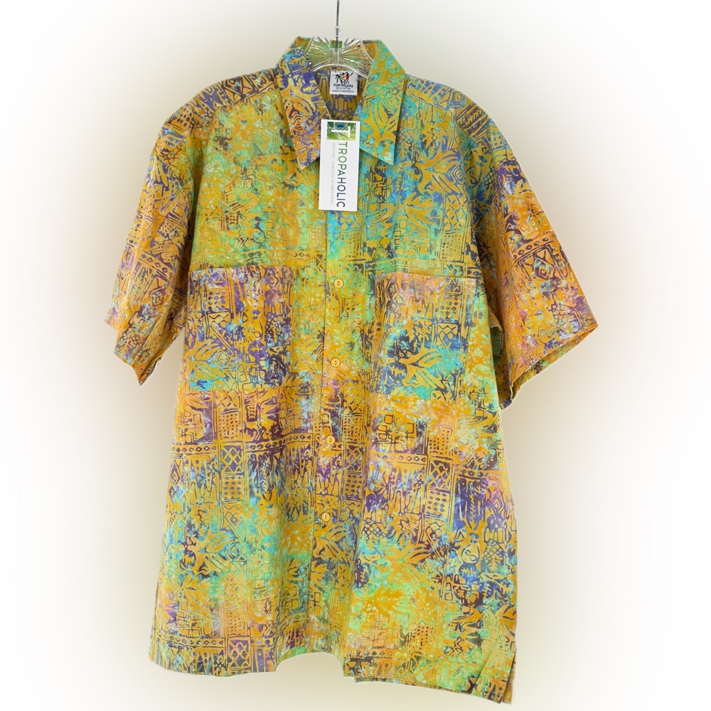 Rum Reggae Hawaiian Batik Camp Shirt "Mozambique" Saffron/Turq. Size Large NWT - Picture 15 of 16